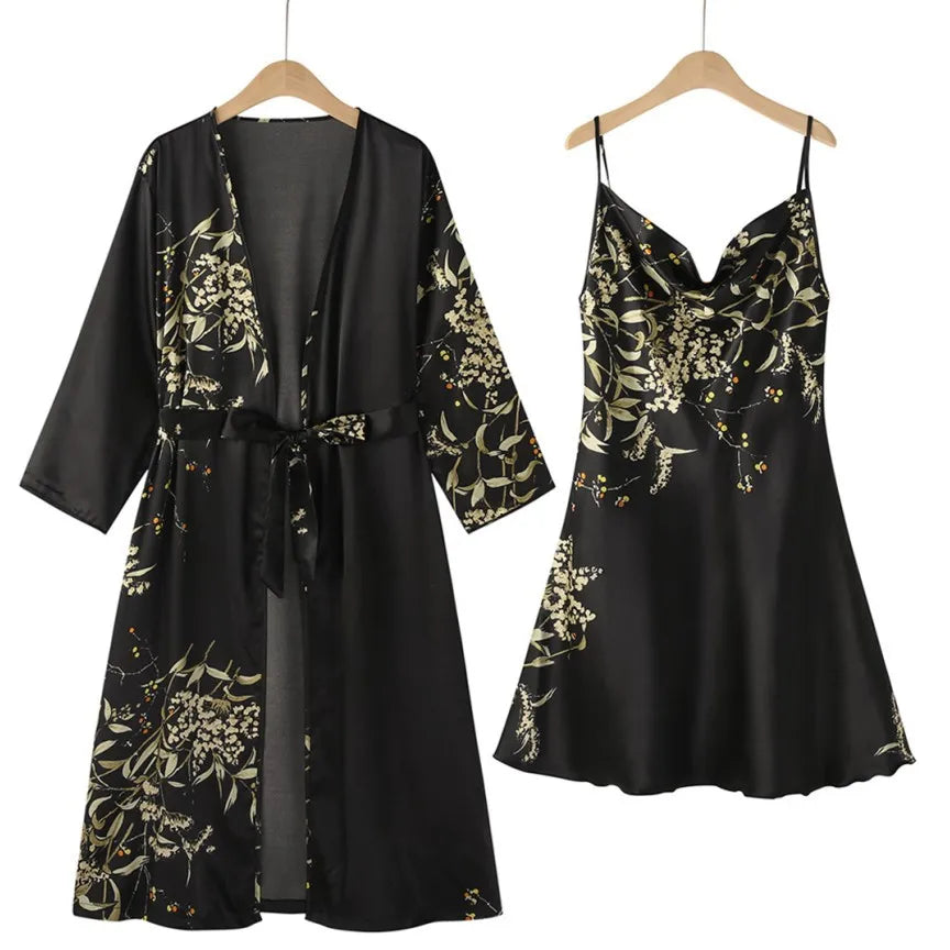 Morning Coffee Satin Robe Set Black