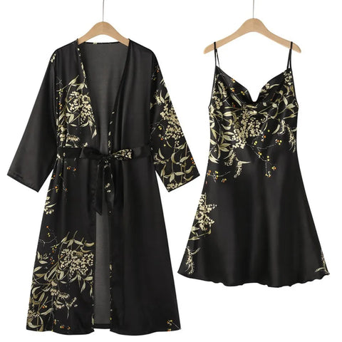 Morning Coffee Satin Robe Set Black
