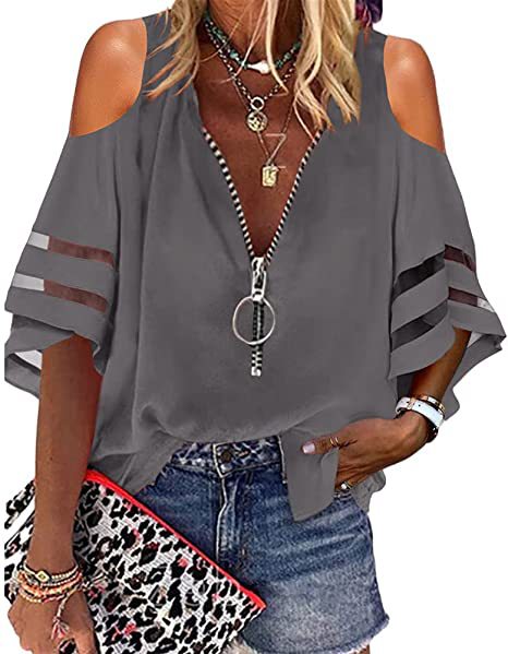 V-neck Zip-up Half-flare Sleeve Tops | Cultureheaven.com
