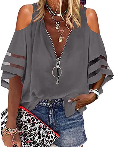 V-neck Zip-up Half-flare Sleeve Tops | Cultureheaven.com
