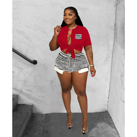 Red Plus Size Striped Women'S Outfit