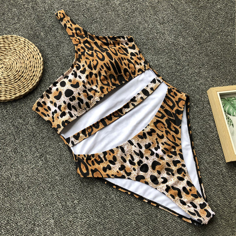 Leopard Print Hollow Out Swimming Suit