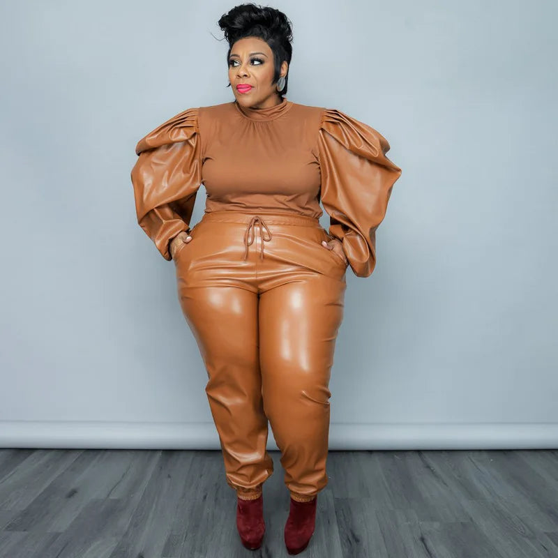 Brown Plus Size Leather Trumpet Sleeve Outfit