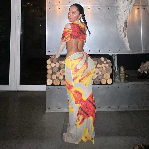 Yellow Printed Mesh Bodycon Tops and Skirt Set