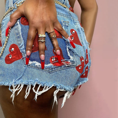 Heart Print Denim Shorts  | Cultureheaven.com