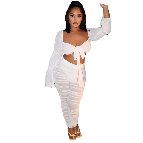 Flare Sleeve Front Tie Crop Top and Mesh Pants 2-Piece White Outfit