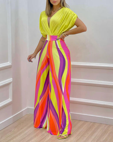 High Waist Deep V-neck Printing Two Piece Pants Set