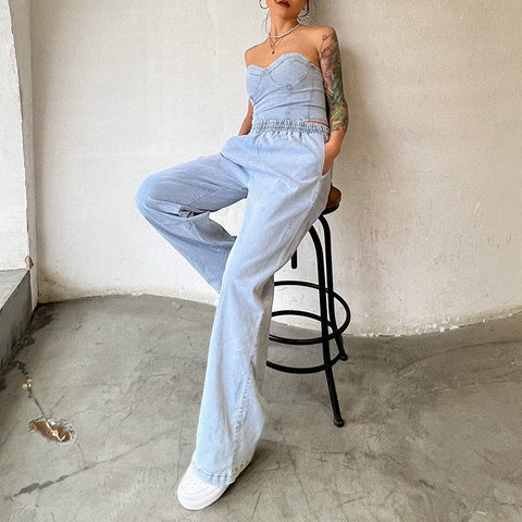 Light Blue Denim Tube Top and Pants Set 