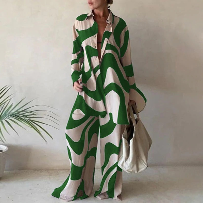 Green Printed Shirts & Pants Oversize Size Sets