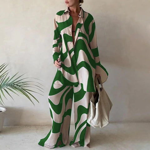 Green Printed Shirts & Pants Oversize Size Sets