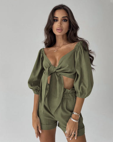  Linen Crop Top with Shorts Set Army Green