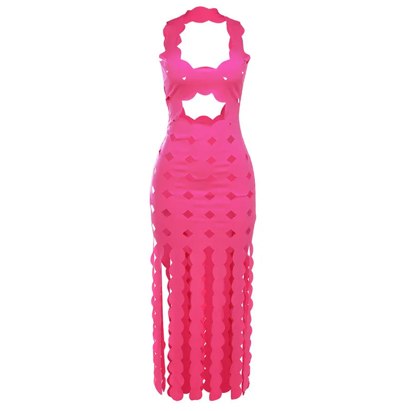 Sexy Low Neck Slim Hollow Out Tassels Backless Pink Dress