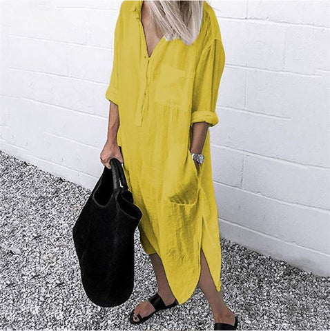 Yellow Side Split Long Sleeve Cotton Linen Shirt Dress