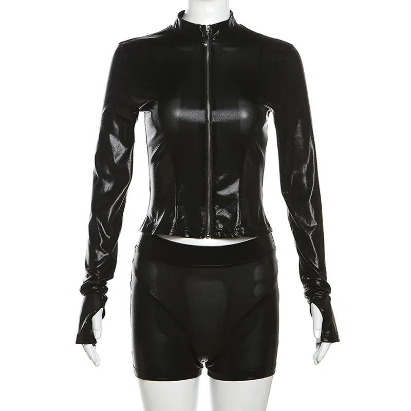 Long Sleeve Zipper PU Leather Jacket Tight Shorts Set Black