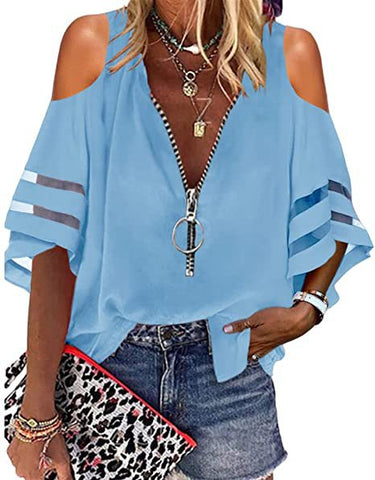 V-neck Zip-up Half-flare Sleeve Tops | Cultureheaven.com