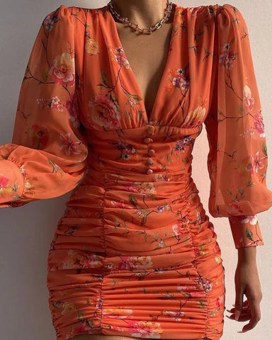 Orange Perla Puff Sleeve Bodycon Mini Dress