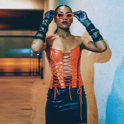string leather corset