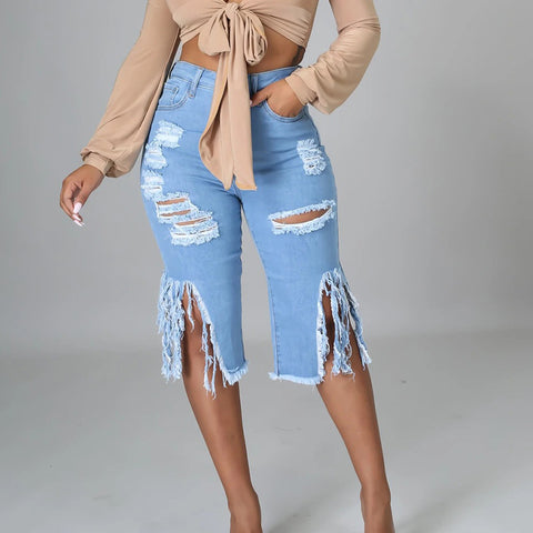 Casual Zipped Tassel Denim Shorts Jeans  | Cultureheaven.com