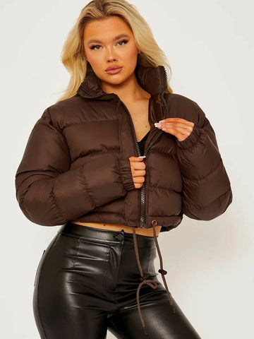 Warm Puffer Crop Top Jacket brown