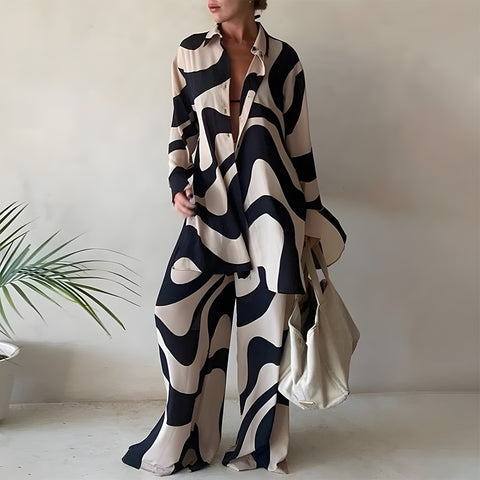 Black-white Printed Shirts & Pants Plus Size Sets