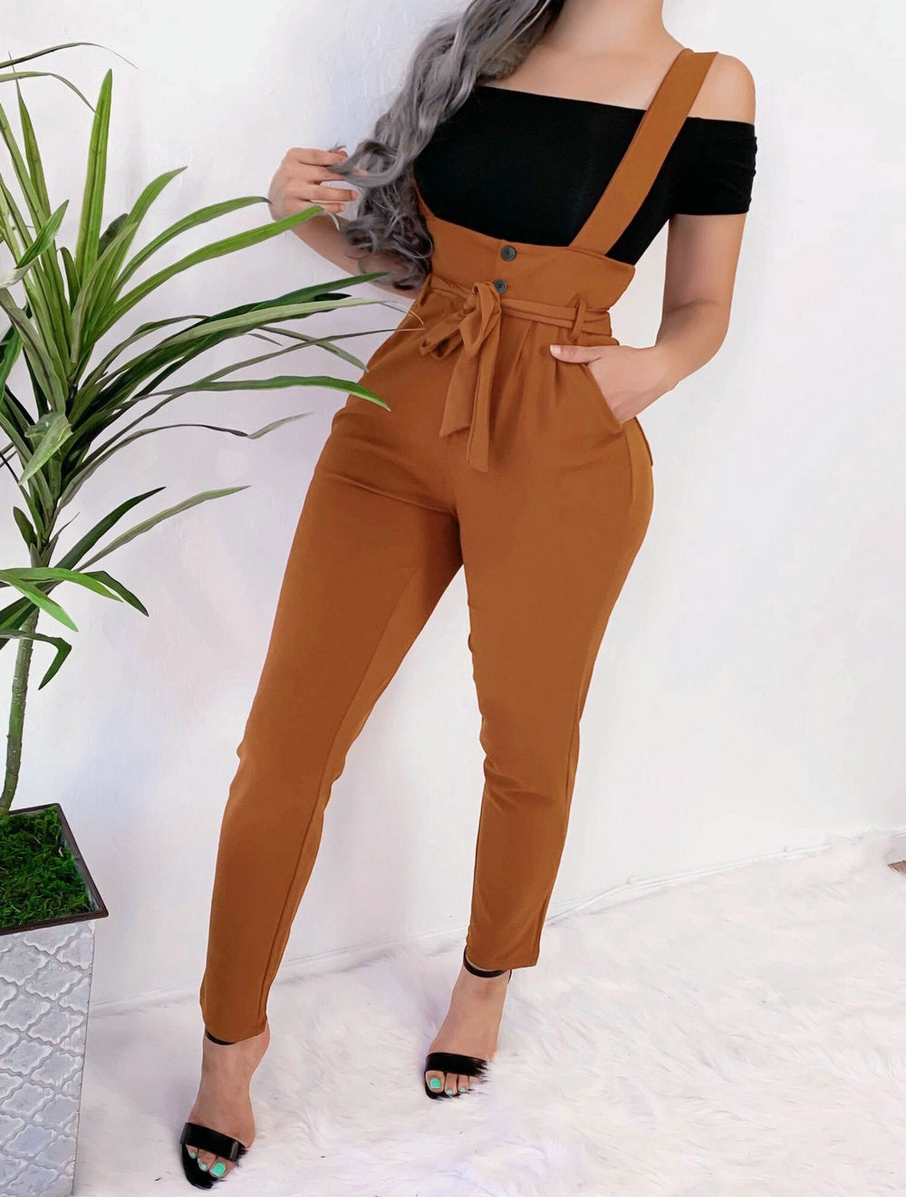 Brown Casual Slim Waist Suspenders 