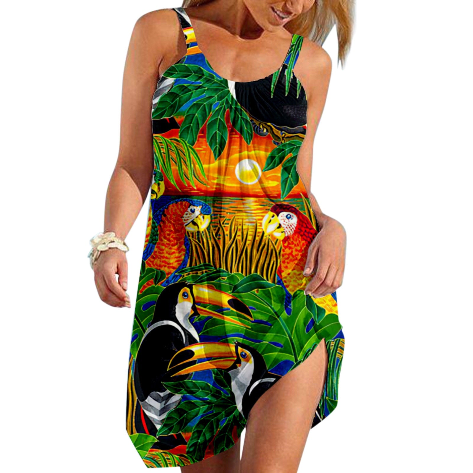 Featherlight Chic Beach Dress Green-Parrots print