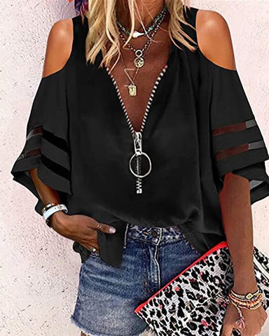 V-neck Zip-up Half-flare Sleeve Tops | Cultureheaven.com