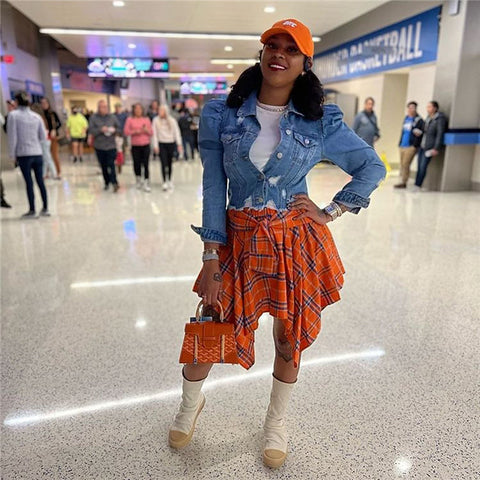 orange plaid mini skirt for women