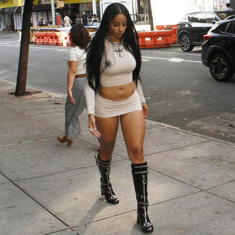 Daring Streetwear Skirt Set Apricot