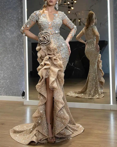 Golden Stardust Sequin Evening Dress