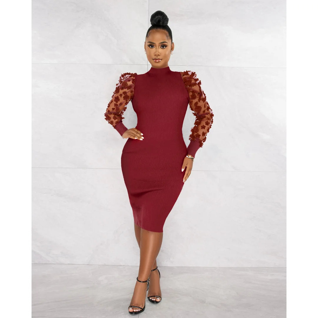 Red  Tiffany Tulle Sleeve Bodycon Midi Dresses