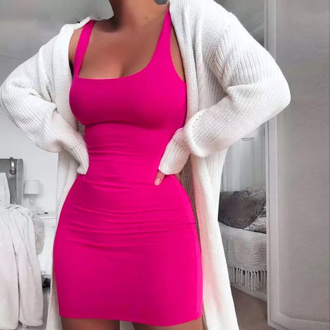 Fashion U-neck Bodycon Dress Pink