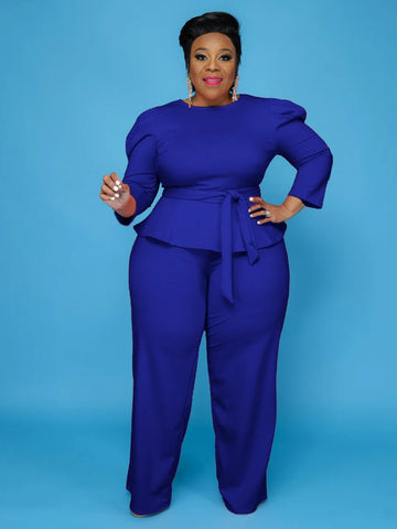 Blue Plus Size Elegant Tops & Pants Women's Outfit