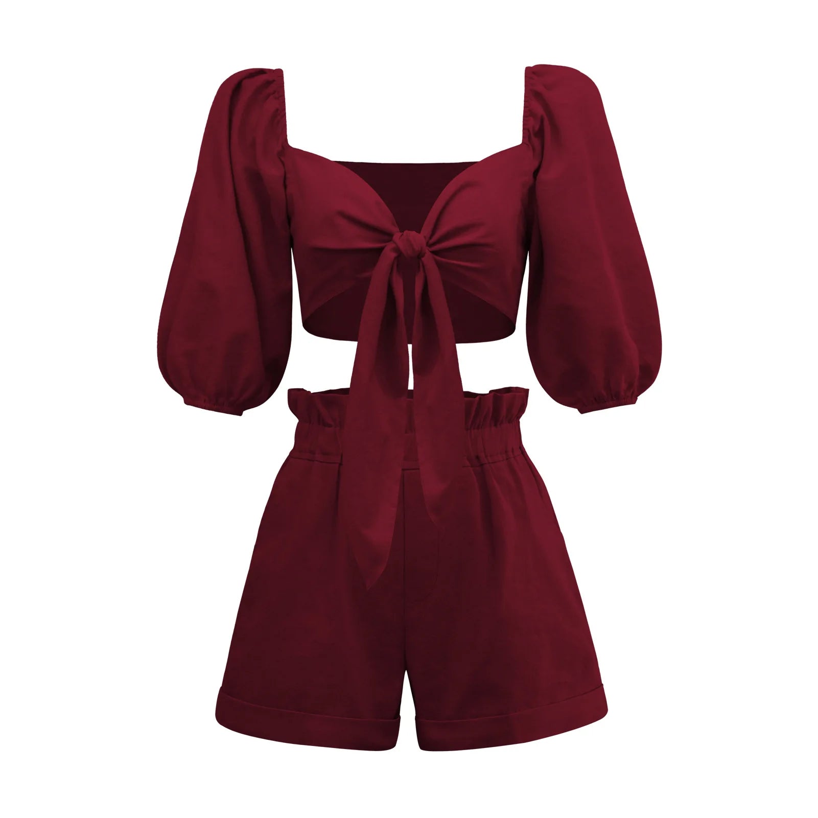  Linen Crop Top with Shorts Set Burgundy
