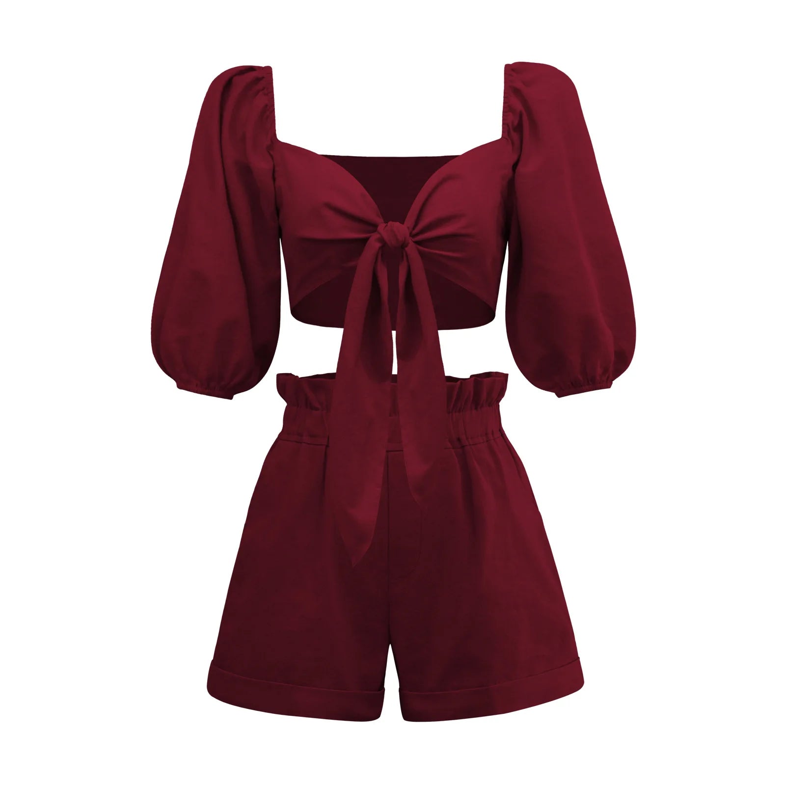  Linen Crop Top with Shorts Set Burgundy