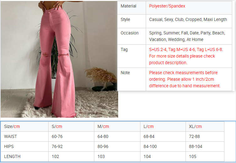 flare pants size chart
