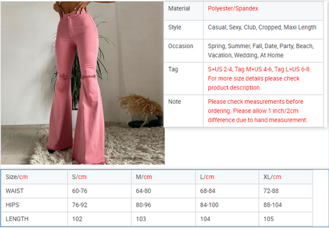 flare pants size chart