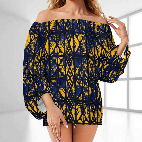 Tribal Style Oversize Dress Navy Blue/yellow