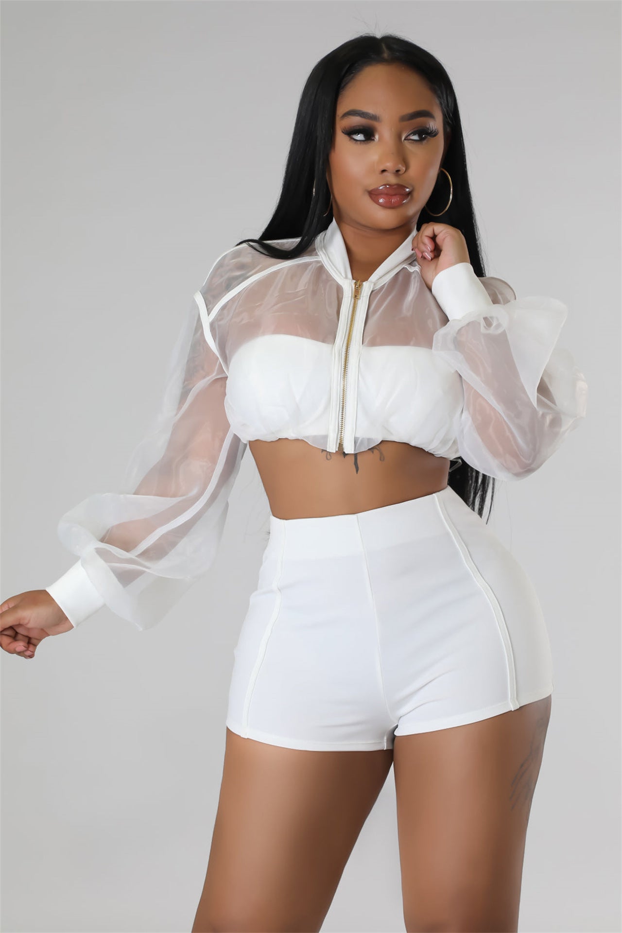 White Transparent Mesh Crop Tops and Ladies Biker Shorts Set