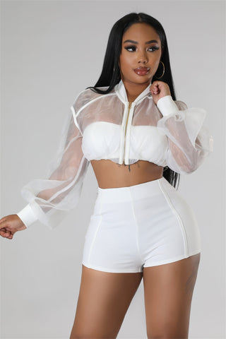 White Transparent Mesh Crop Tops and Ladies Biker Shorts Set