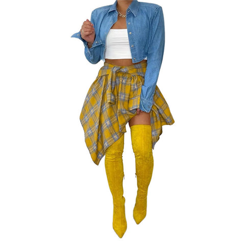 yellow plaid mini skirt for women