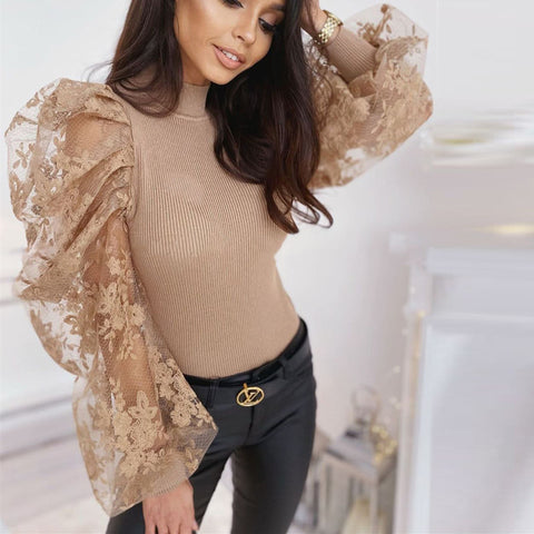Flower Embroidery Mesh Puff Sleeves Bodysuits | Cultureheaven.com