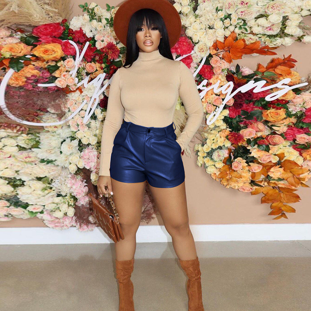  Solid Color Leather Outer Shorts