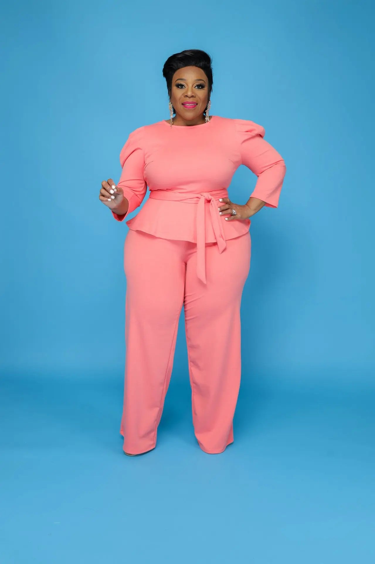 Pink Plus Size Elegant Tops & Pants Women's Outfit