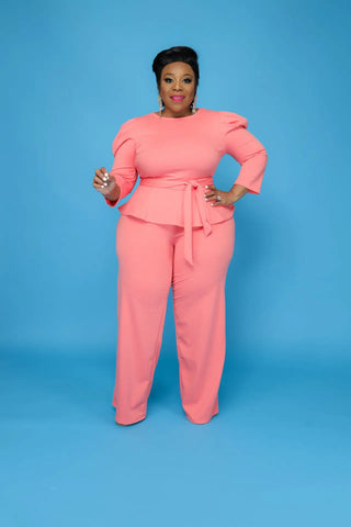 Pink Plus Size Elegant Tops & Pants Women's Outfit