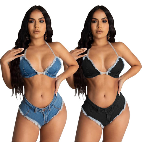 Bikini Zipper Tassel Solid Drawstring Denim Bra and Short Set