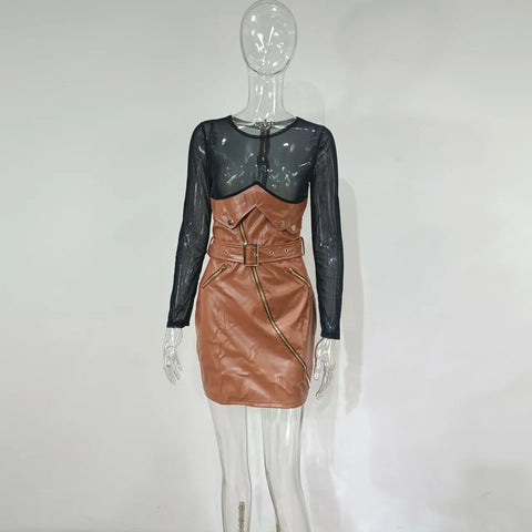 Khaki Plus Size Mesh Leather Mini Dresses