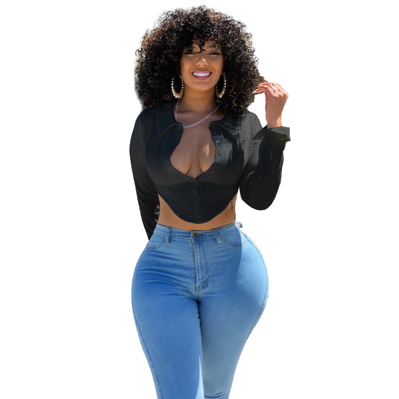 Long Sleeves Crop Top with Deep V-Neck