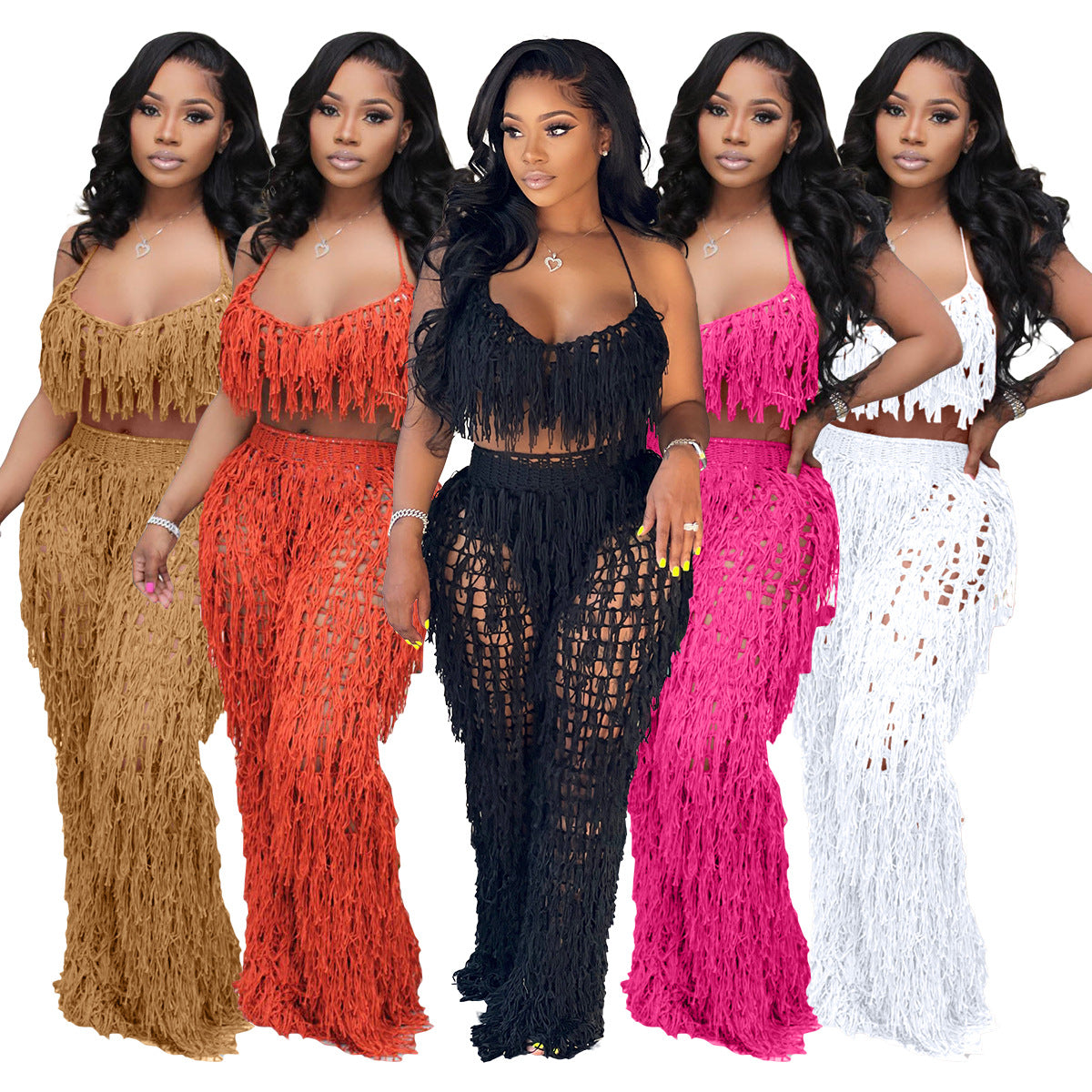 Summer 2 Piece Womens Sets Crochet Cover Up Pants Set Hollow Out Tassel Sexy Two Piece Bikini Bra Top