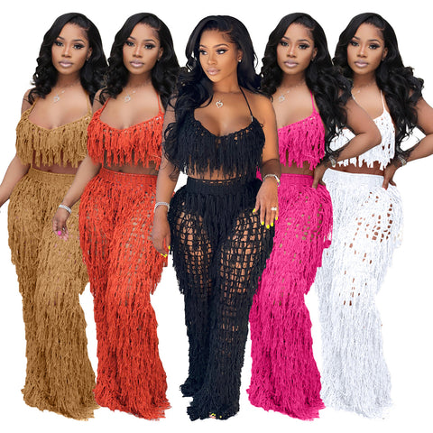 Summer 2 Piece Womens Sets Crochet Cover Up Pants Set Hollow Out Tassel Sexy Two Piece Bikini Bra Top